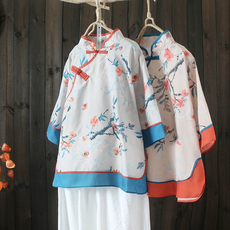 

Retro Contrast Color Splicing Cotton Linen irt Large Size Women's Stand Collar Side Button Split Casual Top Summer Wear