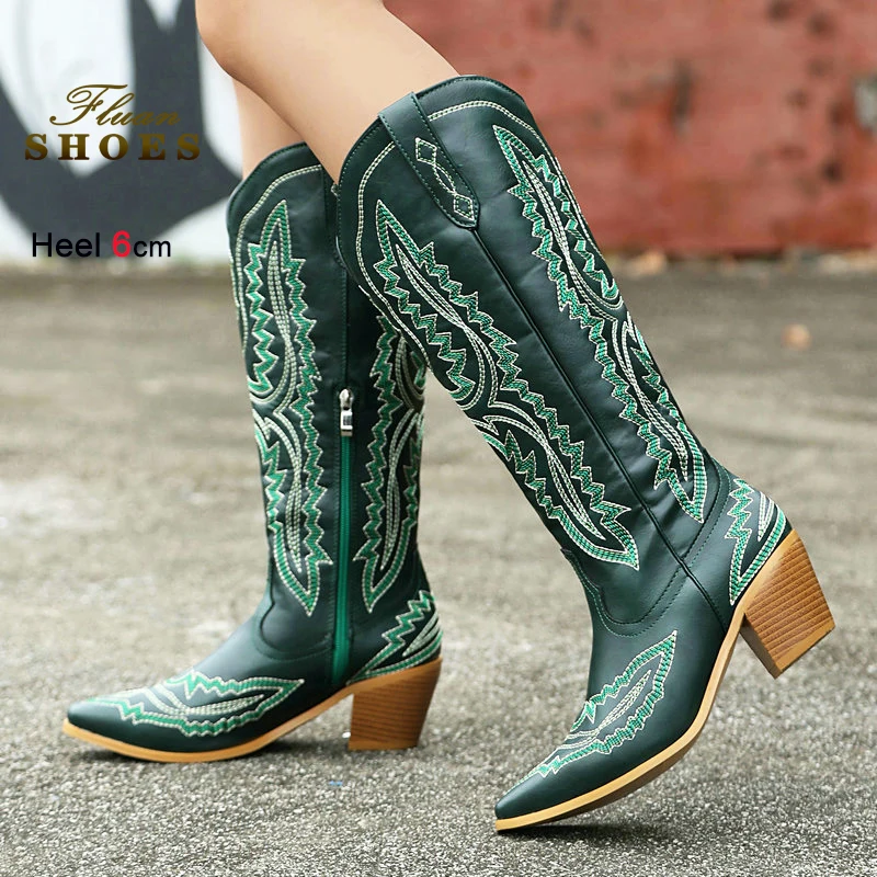 

6CM Chunky Heel Western style Long Boots Winter Women Shoes Cowboy Cowgirl Wide Fit Embroidery Square Toe High Boots Botas Mujer