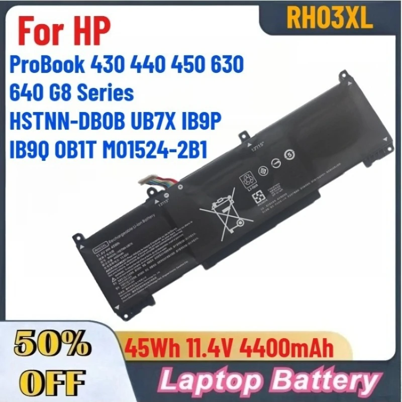 

11.4V 4400mAh RH03XL Laptop Battery For HP ProBook 430 440 450 630 640 G8 Series HSTNN-DB0B UB7X IB9P IB9Q OB1T M01524-2B1