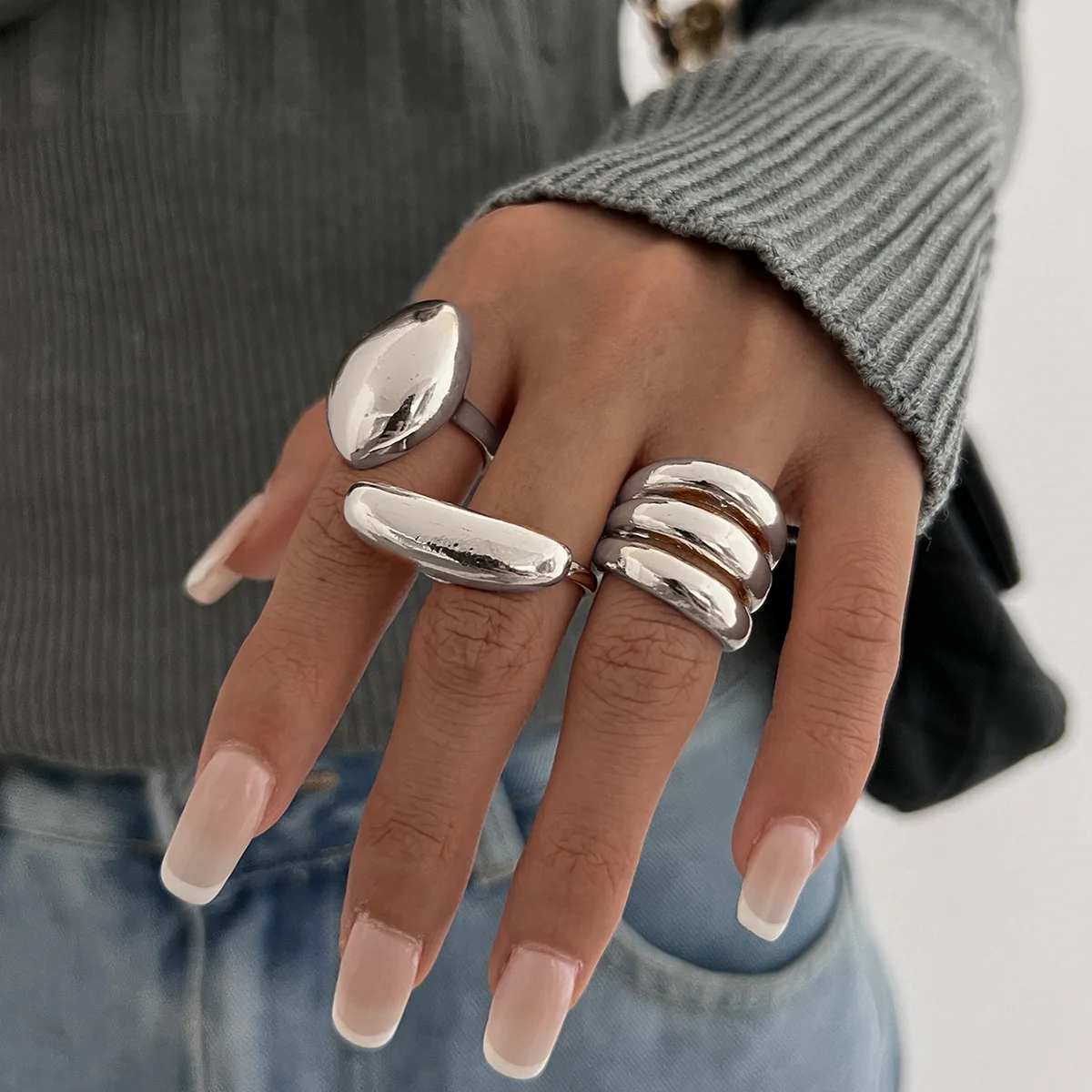 DIEZI 3pcs/set Exaggerated Metal Rings For Women Men Fashion Punk Geometric Gold Silver Color Knuckle Joint Ring Set Jewelry image 3