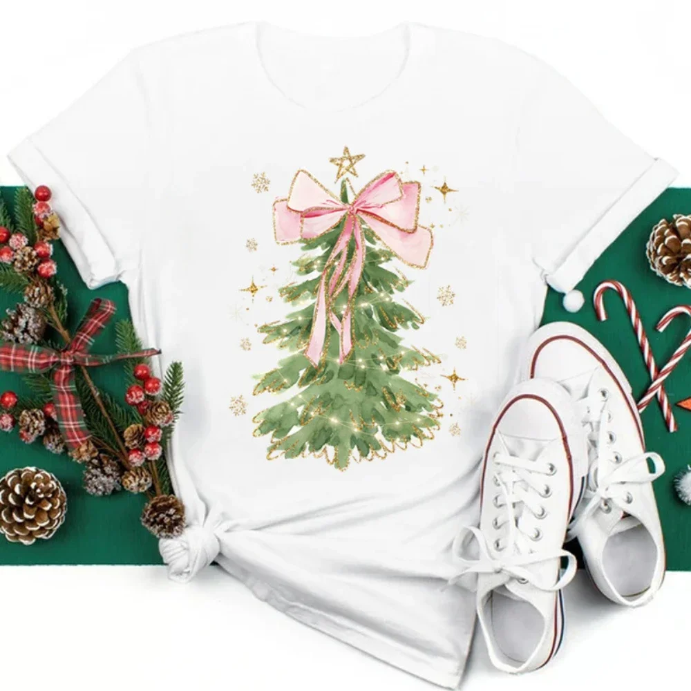 

Christmas T-shirts Glittering Watercolor Christmas Tree Printed Tops Women Short Sleeve Casual White Tops Harajuku Clothing