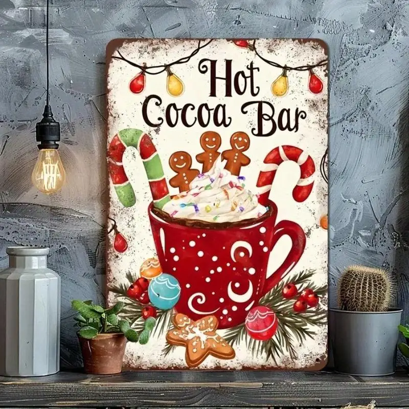 1pc Christmas Hot Cocoa Bar Metal Sign Weather-Resistant Wall Art With Pre-Drilled Holes For Farmhouse, Home, Cafe, Garage Decor