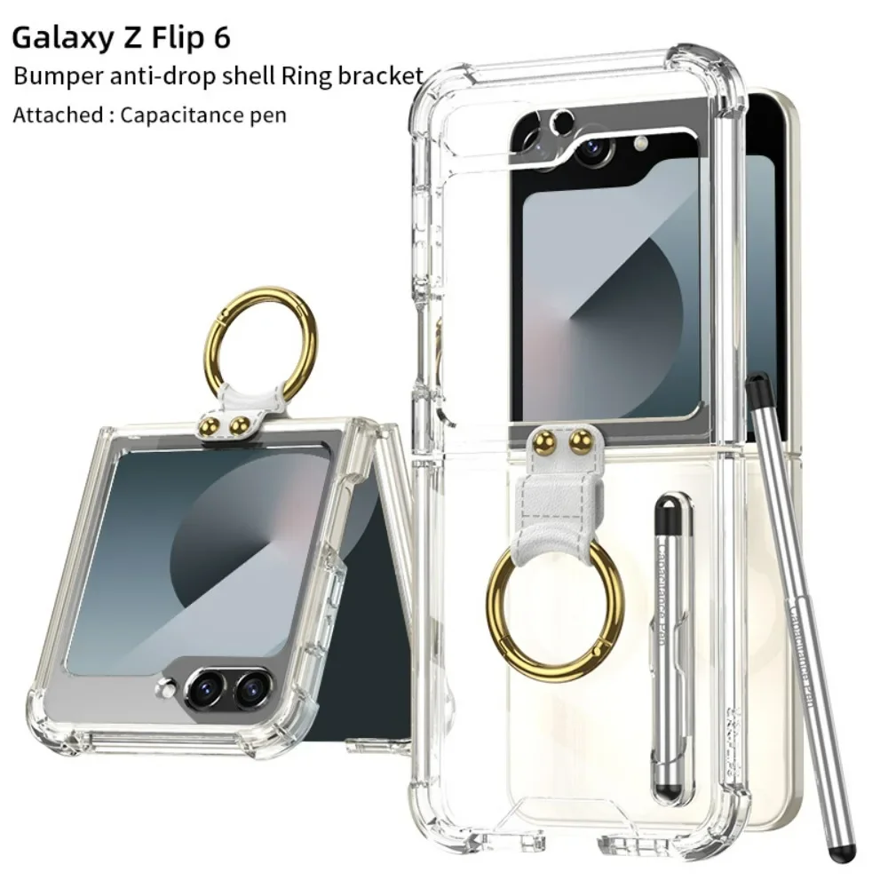 Transparent Four Corner Shockproof Ring Bracket Case For Samsung Galaxy Z Flip 6 With Touch Pen Protection Hard Cover Accessory