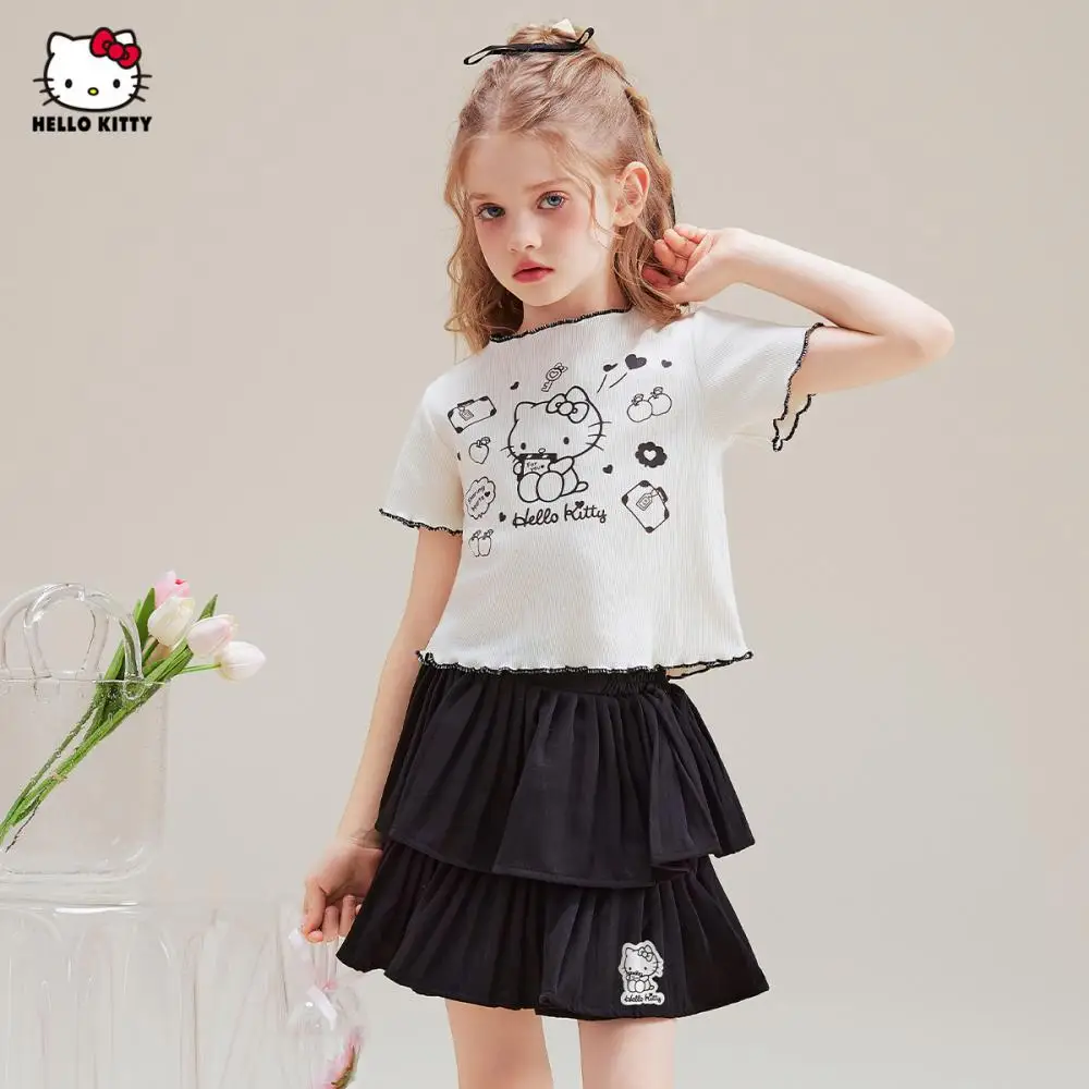 

Короткая юбка для девочек, костюм Kawaii Sanrio Hello Kitty, детский летний новый комплект с юбкой-тортом с короткими рукавами, футболка с героями мультфильмов, топы, платье в подарок
