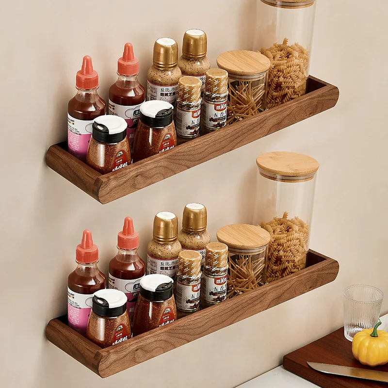 ‌Rustic Asian Kitchen Shelf - Magnetic Spice Organizer with 3 Layers, Walnut Wood Wall Storage for Home/Cooking,Anti-Slip Design