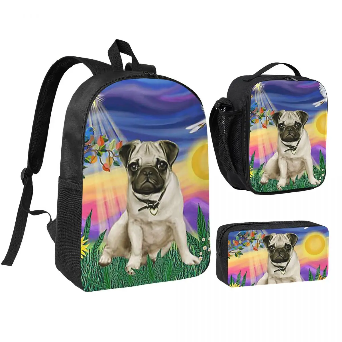 Mochila Twilight With A Pug para estudantes, bolsa escolar, bolsa de ombro, 3 peças, bolsa térmica para almoço, estojo para lápis