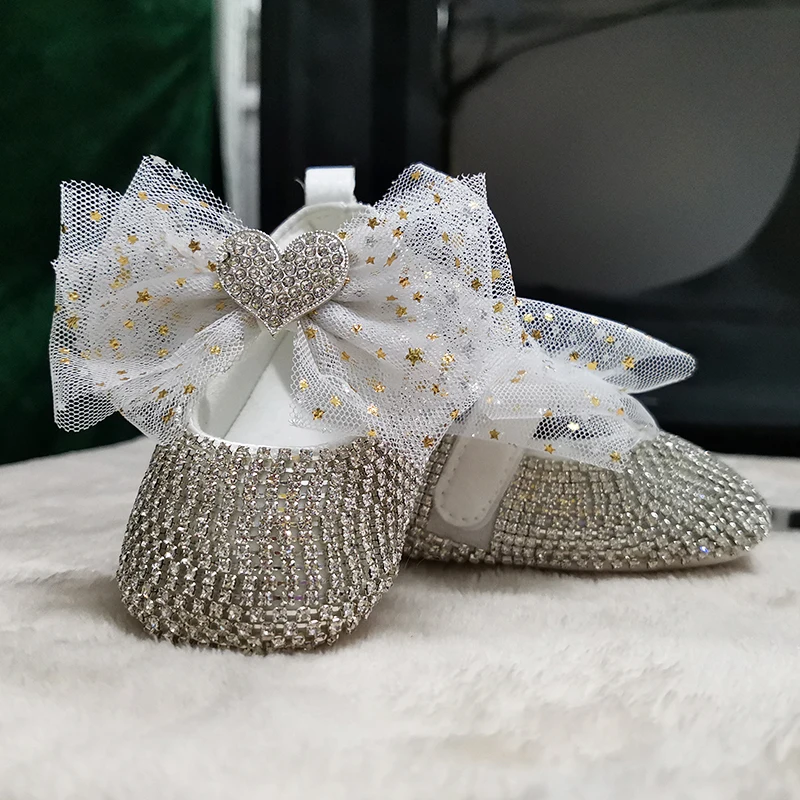 Dollbling Gold/Sliver/Pink/Purple Tulle Glitter Bow Shining Baby Shoes 1st Pair Nursery Deco Diamond Infant Shoes Headband Set