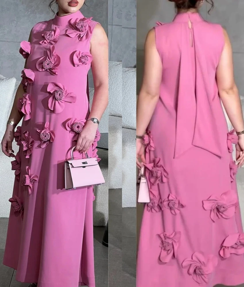 Personalizado temperamento jérsei a linha 3d flores vestido de noite sexy gola alta sem mangas tornozelo comprimento após vestido de festa