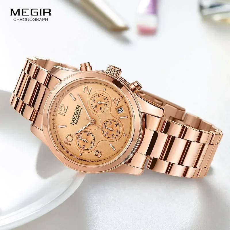 Reloj Megir para mujer, cronógrafo, relojes de cuarzo, reloj de pulsera de oro rosa de lujo de marca superior para mujer, reloj femenino часы жletiе 2057