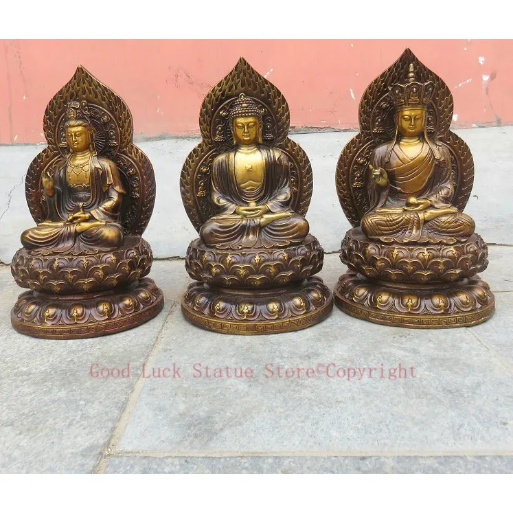 3P--Buddhism home efficacious Protection-Three saints Buddha Ksitigarbha Avalokitesvara Amitabha Lotus Buddha gold copper statue