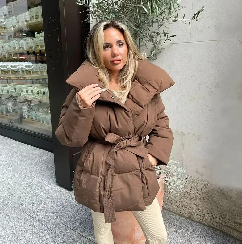 

Women's Faionable Loose Cotton Jaet Autumn Winter Warm Fce Waist-Cinching Belted Cotton Coat Sli Outerwear