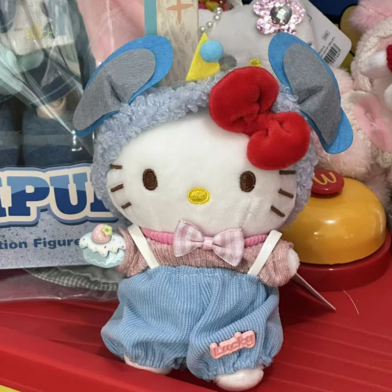 Sanrios Hellokittys Costume Plush Toy Keychain with Bow Cute Kt Cat Blue Jeans Style Character Design Backpack Décor Ideal Gifts