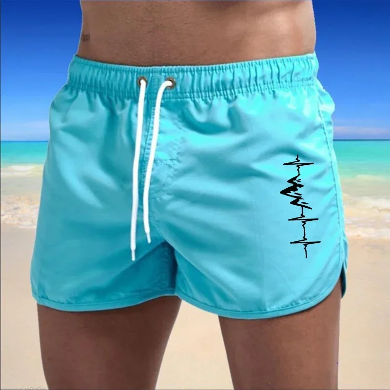 Calções de praia estampados batimento de montanha masculino, roupa de banho rápida, casual surf shorts fitness verão