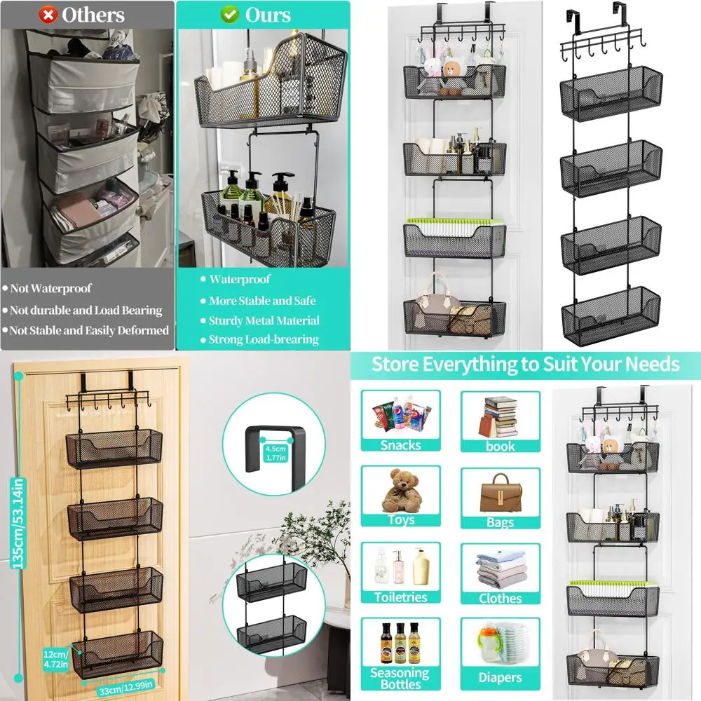 

Large-Capacity Hanging Door Organizer with 4 Metal Baskets and Adjustable Coat Hooks for Home Storage