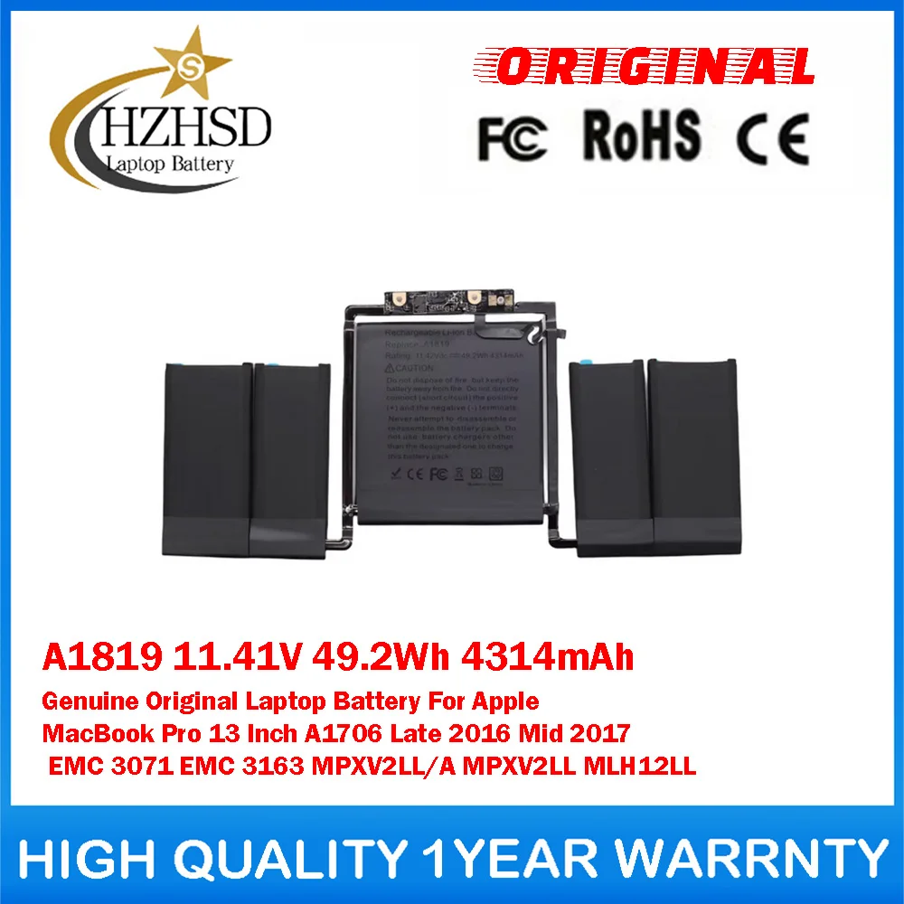 

A1819 11.41V 49.2Wh 4314mAh Genuine Original Laptop Battery For Apple MacBook Pro 13 Inch A1706 Late 2016 Mid 2017 EMC 3071 EMC