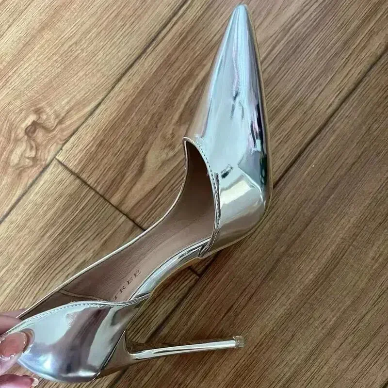 Nowe damskie błyszczące skórzane szpilki ślubne czółenka ślubne Lady Scarpins złoto srebro wybieg Party 10.5cm wysokie obcasy buty