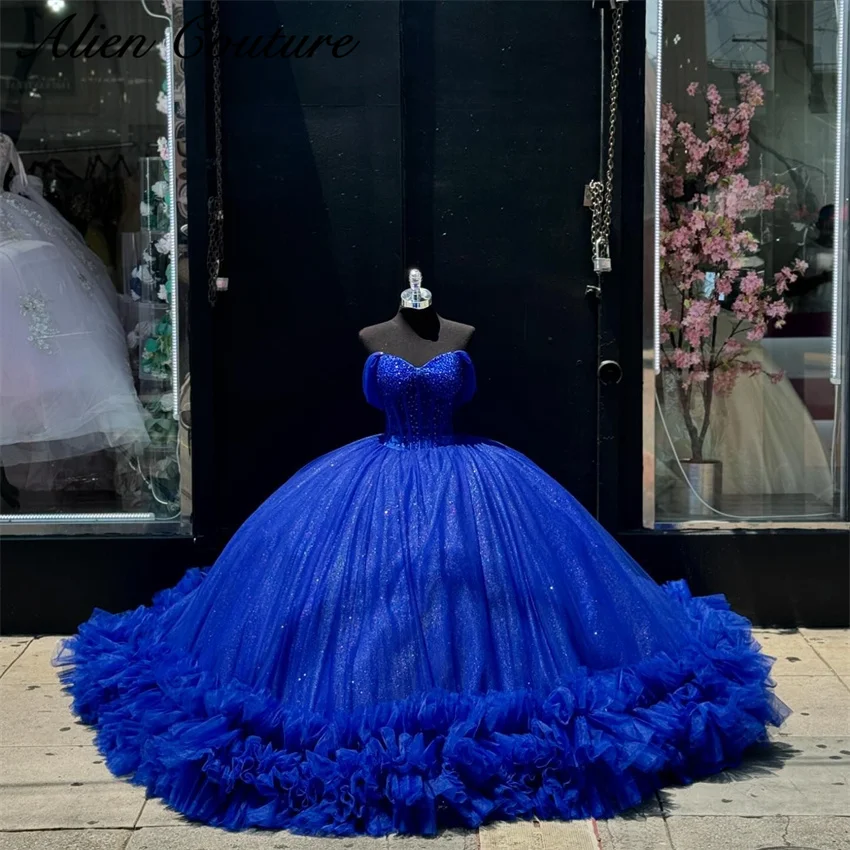 

Exquisite Royal Blue Qinceanera Dress Applique Beading Crystals Ruffle Princess Vestidos Ball Gown Sweet 16 Vestidos De 15 Años