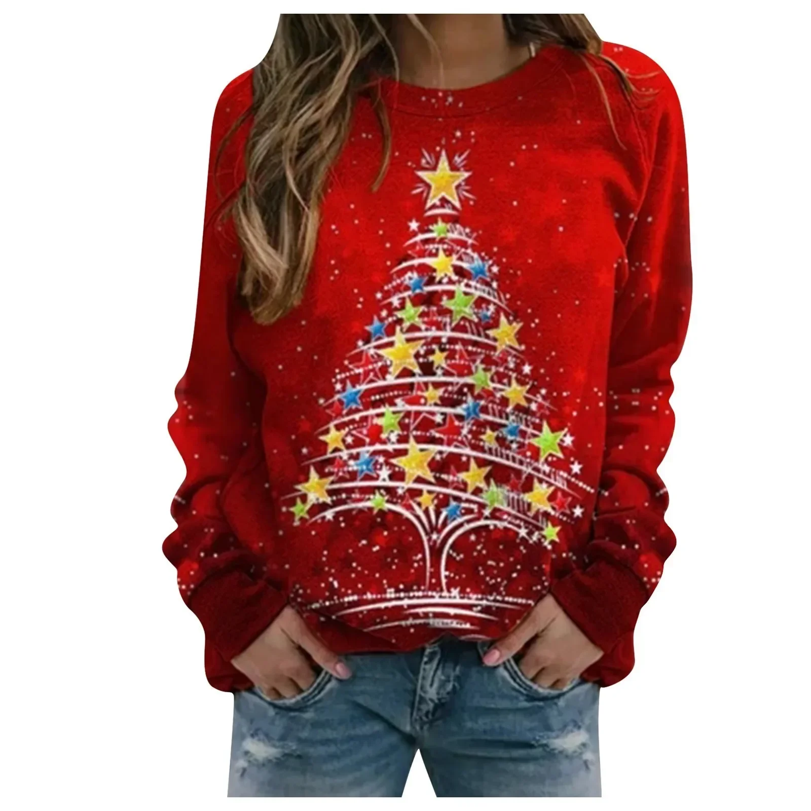 Women's Casual Fashion Christmas Print Long Sleeve O-Neck Pullover Top Korean Reviews Many Clothes Korean Reviews Many Clothes k