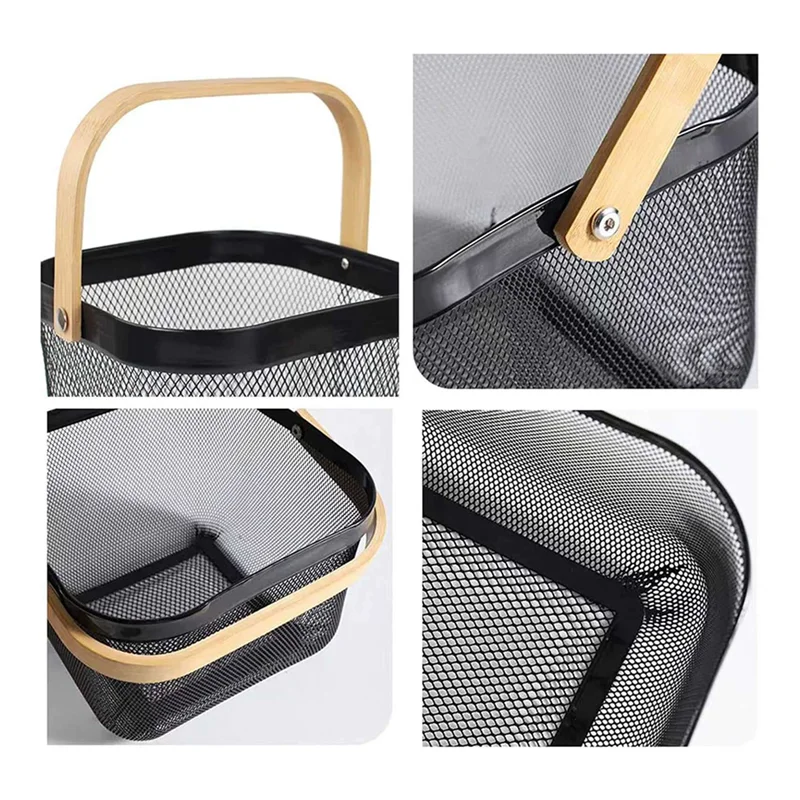 

ABZC-2X Metal Mesh Basket, Multi-Functional Hanging Kitchen Baskets Fruit Basket With Handle Black