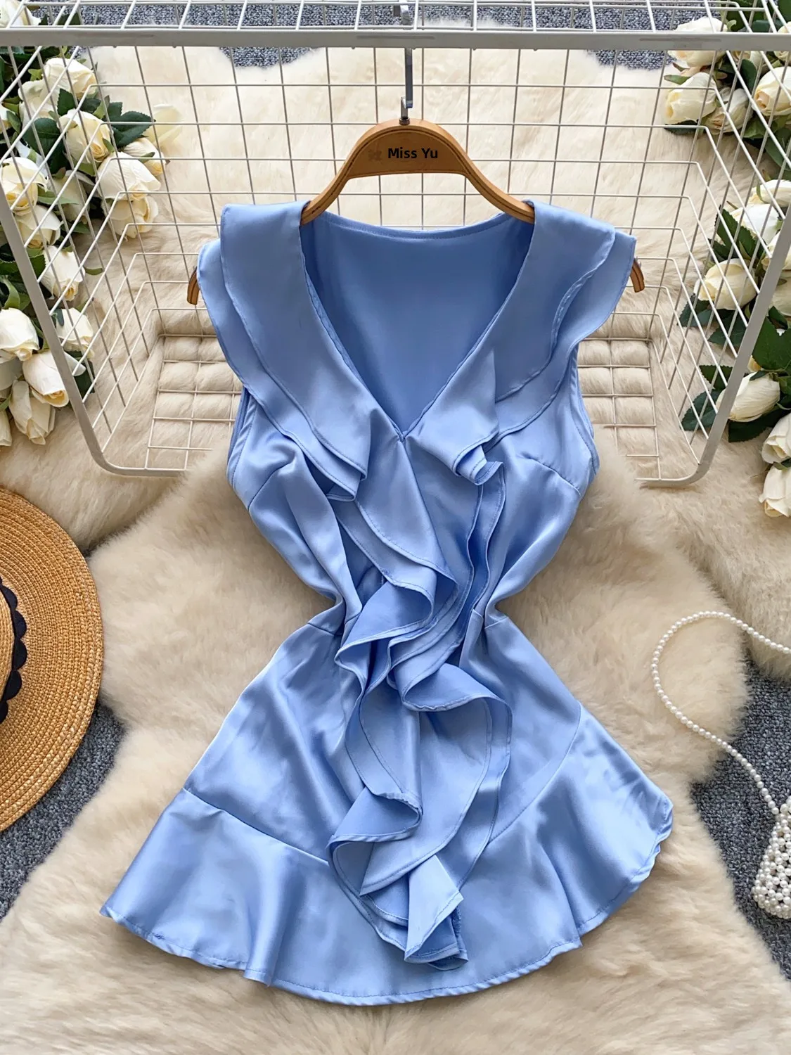 

Ele V-Ne Svel Silk irt Women's Summer Faionable Waist-Cinching Ruffle Design Commute Sle Loose Fit irt