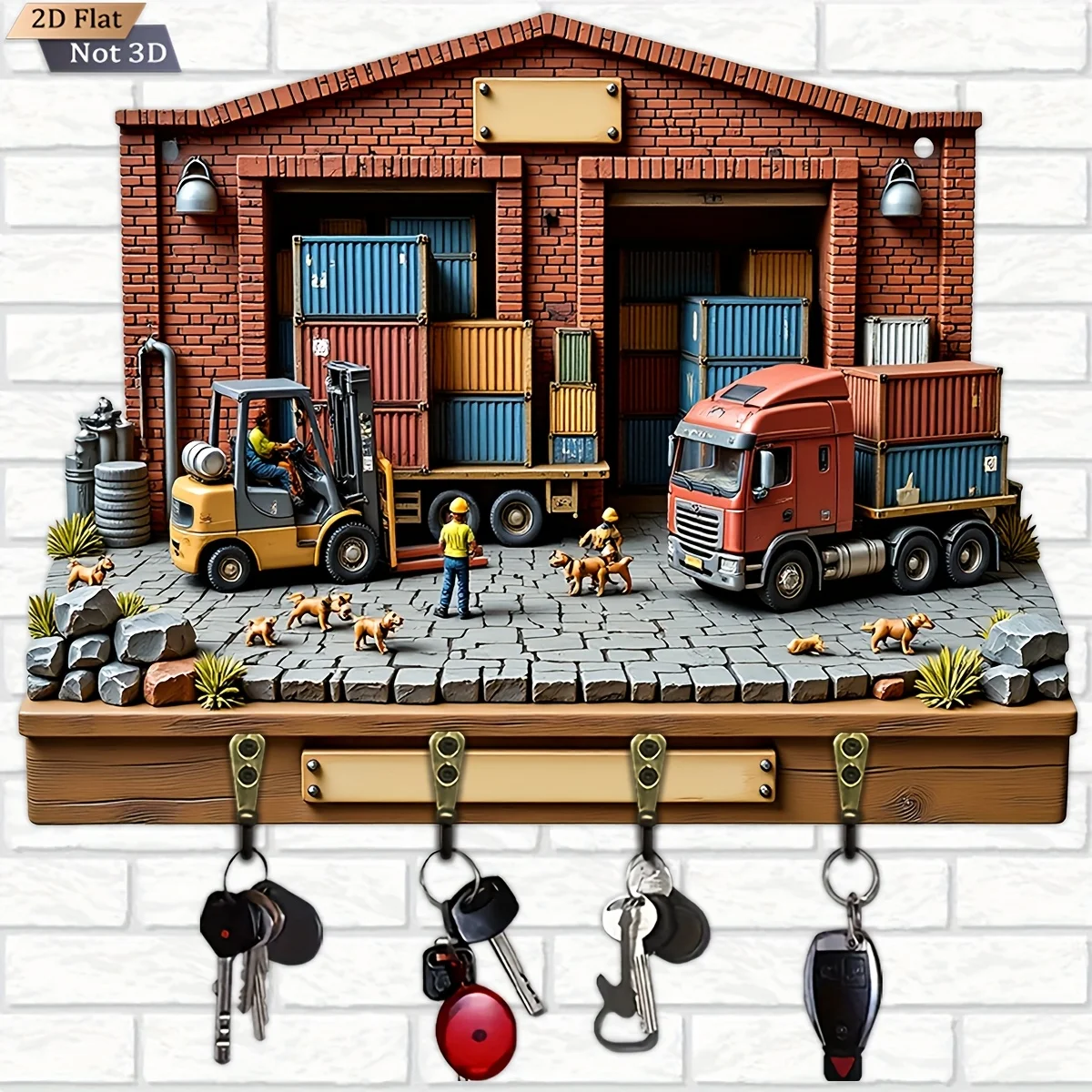 2D Flat, 1pc, entrance key hook wooden multi-functional home key rack, with four metal hooks, wall decoration, porch