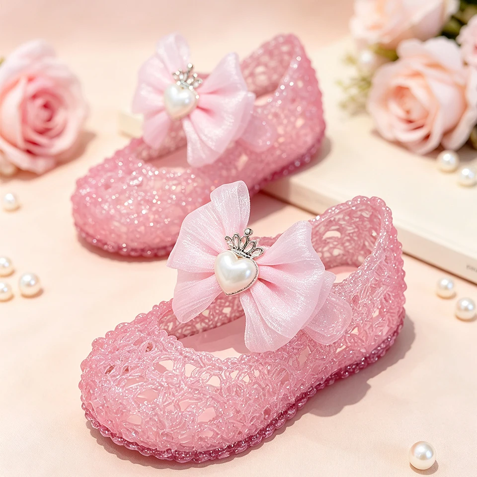 Toddler Little Girls Princess Jelly Mary Jane Shoes Hollow Out Lace Upper Pearl Beaded Summer Elegant Little Kids Flats Sandals - view 2