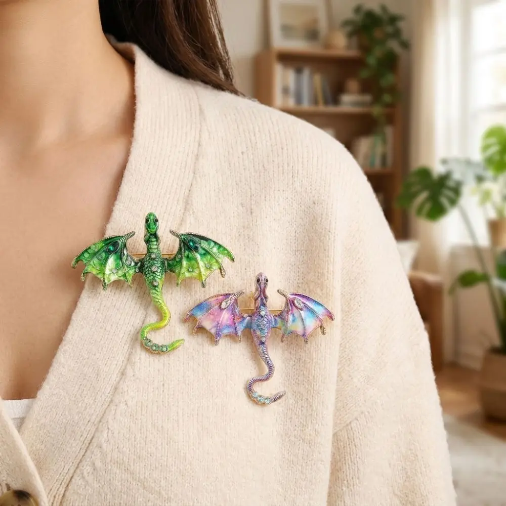 Zinc Alloy Enamel Flying Dragon Brooch Fantasy Dragon Colorful Rhinestone Crystal Wing Dragon Pin Chinese Blue Porcelain Gothic