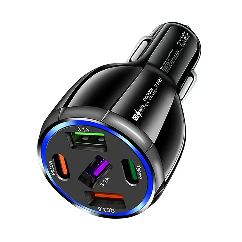75W 5-Port USB PD Car Charger Adapter 3USB-A+2USB-C PD QC3.0 Fast Charging for 15 15 Plus 15Pro 15Pro Max for Mate60 Pro