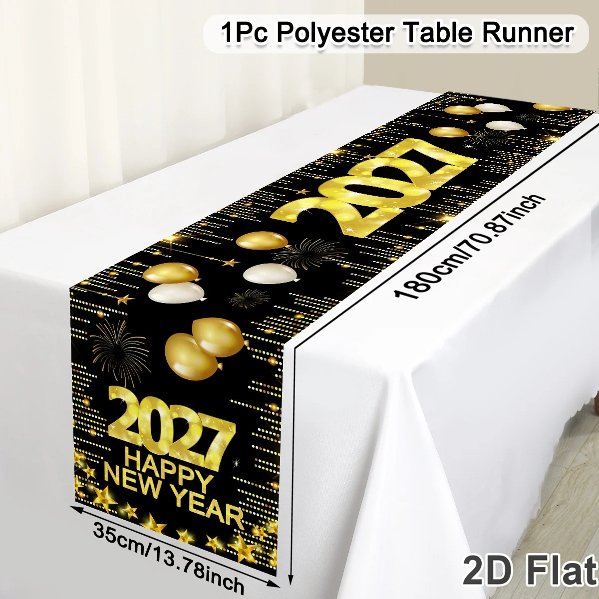 2027 Happy New Year Table Runner 35*180cm Black Gold Polyester Table Flag New Year Eve Party Dining Table Decor Festive Supplies