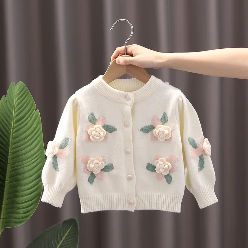 Girl\'s Cardigan Sweater 2023 Spring and Autumn New Long Sleeve Flower Cotton Knitwear Baby Girl round Neck Sweater Coat Top