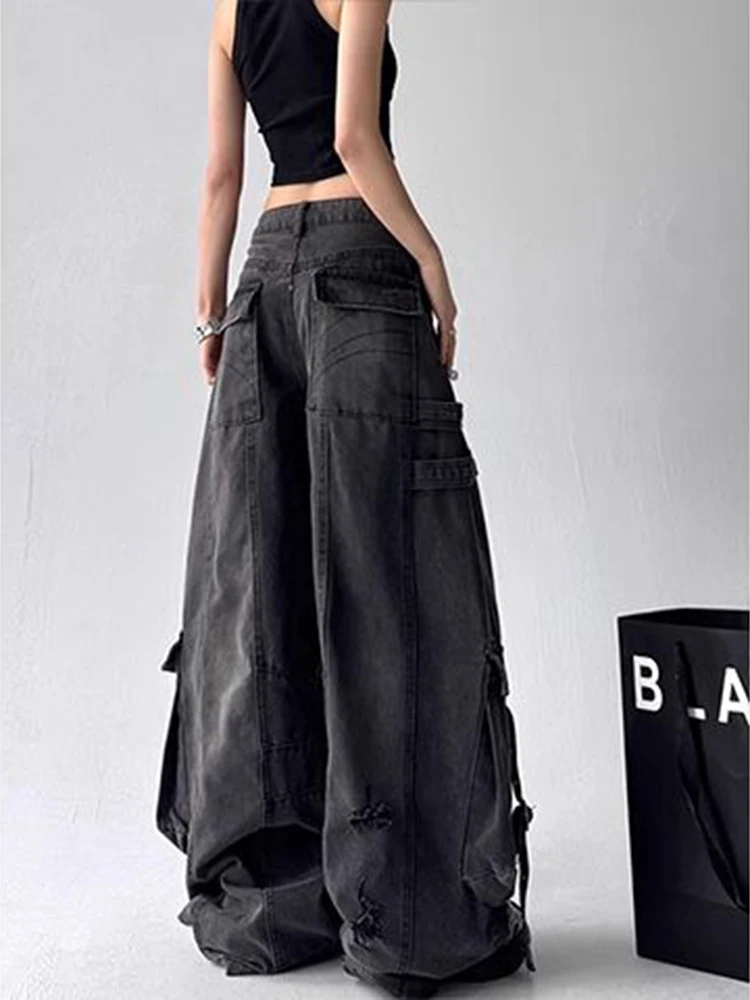 Mujer 2025 otoño nuevo diseño deconstructes tiras a la deriva agujeros rotos pantalones vaqueros negros Multi bolsillo calle pantalones de pierna ancha