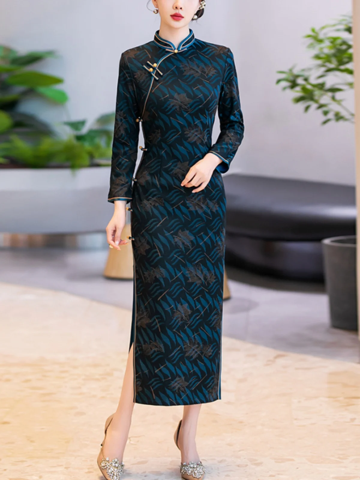 

Ele Long Sve Qipao Dr Slim Fit Retro Beau Daily Wear Autumn Winter New Arrival High End Chinese Sle Faionable