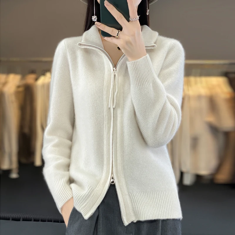 Women\'s 100% Merino Wool Knitting Sweater Turndown Collar Cardigan Autumn/Winter Thick Tops Cashmere Double Zipper Soft Jacket