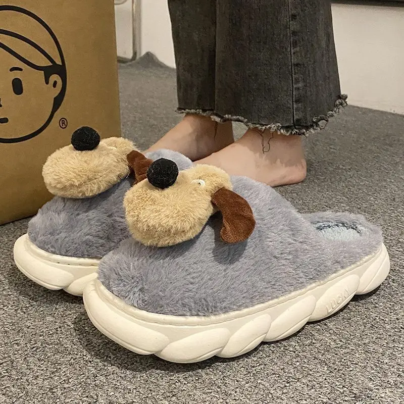 New women's winter cotton slippers thick bottom cartoon cute puppy padded indoor couple warm men's cotton slippers