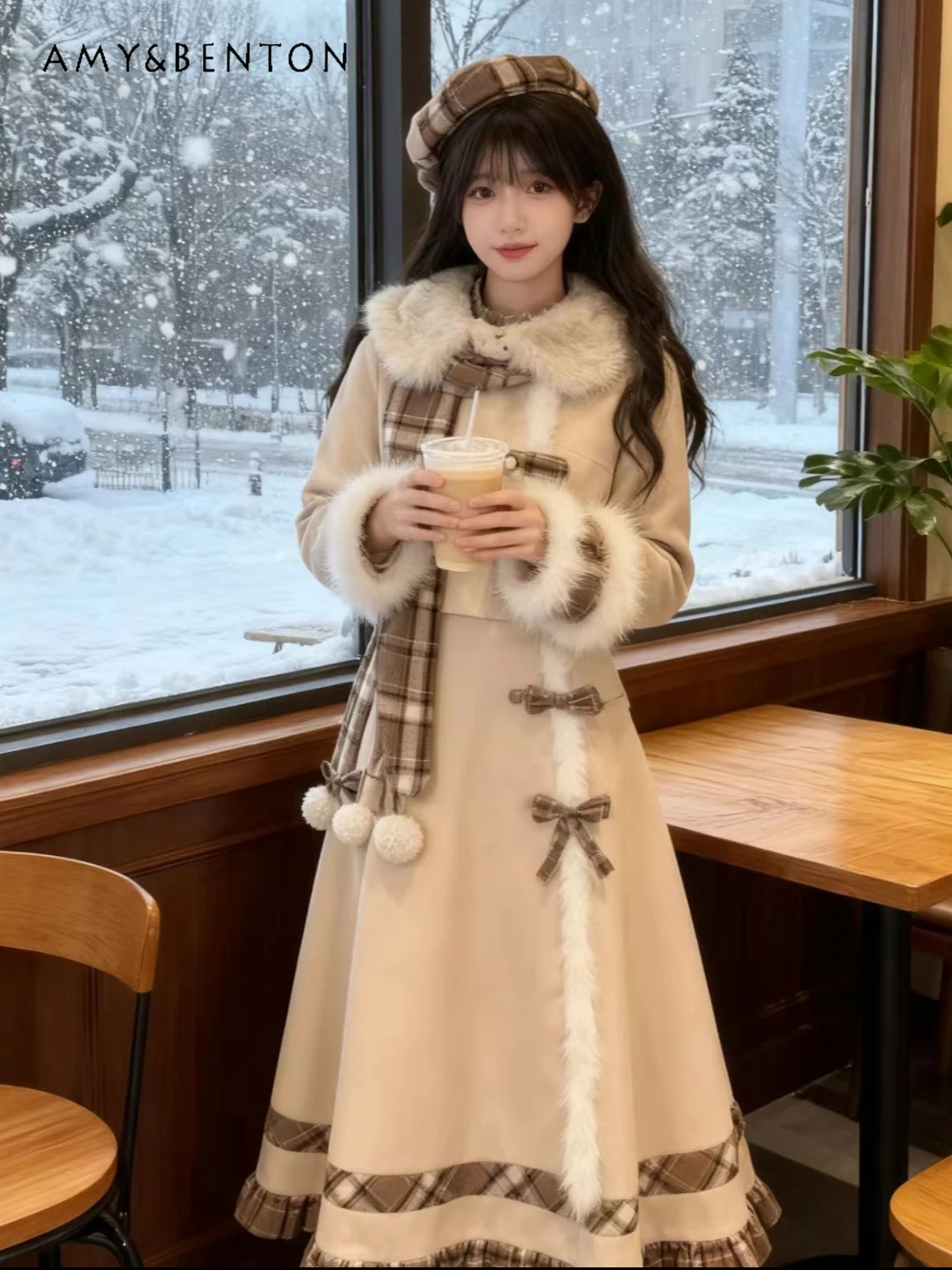 

Cute Girl Lolita Wool Outfits Women Autumn Winter New Year Elegant Fairy Style Plush Patchwork Short Jacket Mid-Length Skirt