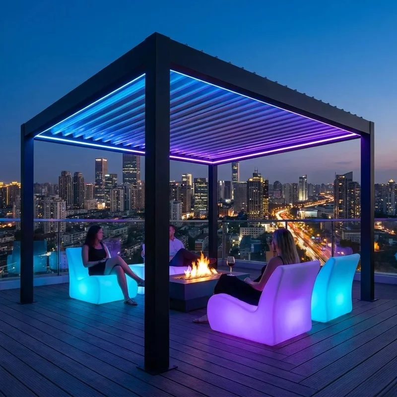 Powered Heavy-Duty Aluminum Pergola Integrated LED Lights Speaker USB Charging Port% Waterproof Balcony