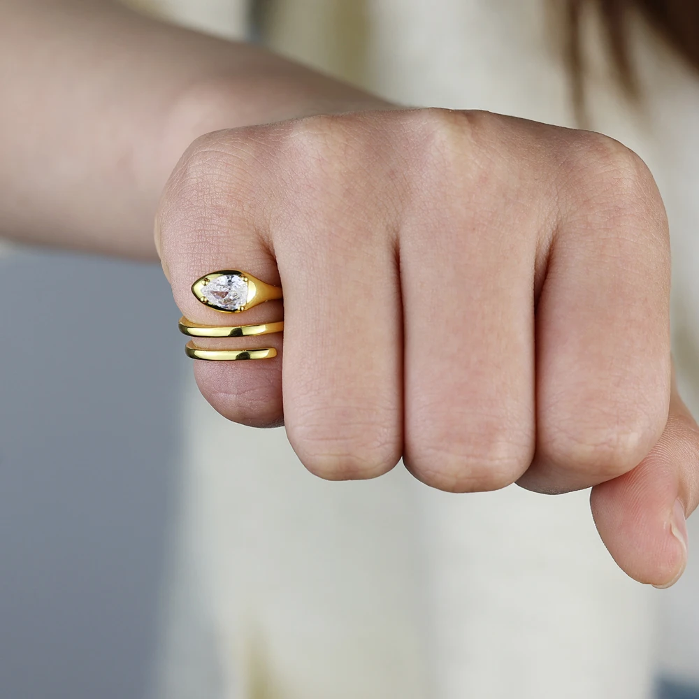 Novedades 2026: Joyería de Moda para Mujer, Chapada en Oro, Ajustable # Anillo de Dedo Anular con Forma de Serpiente y 4 Circonitas Brillantes