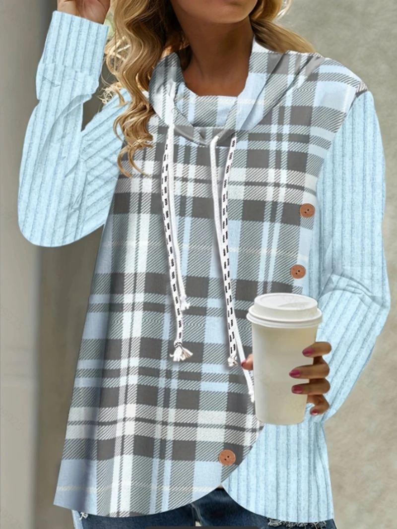 

Plus Size 1XL-5XL Women's Long Sleeved Hoodie Casual Patchwork Top Button Breathable Hoodie