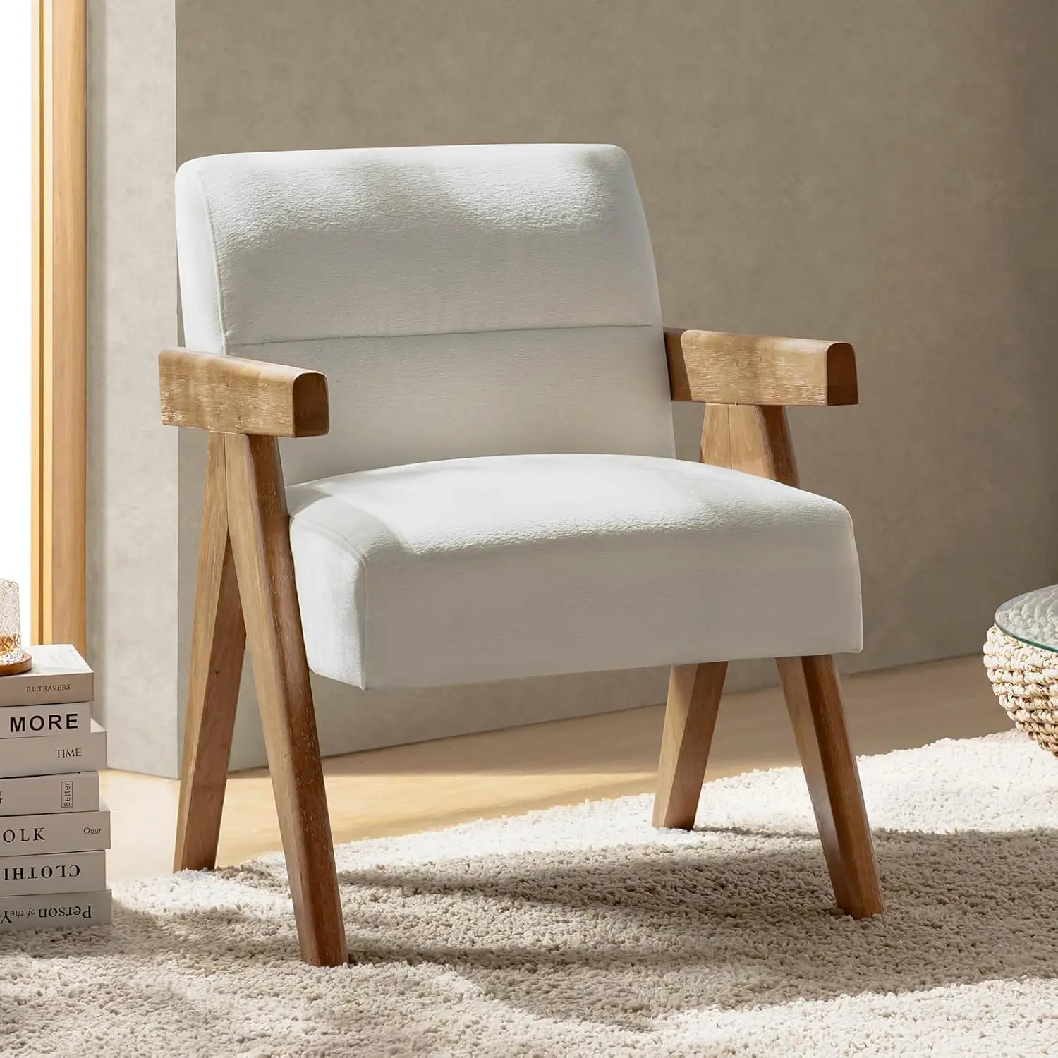 #Modern Upholstered Accent Arm Chair Solid Wood Frame Padded Seat Back Living Room Bedroom Ivory