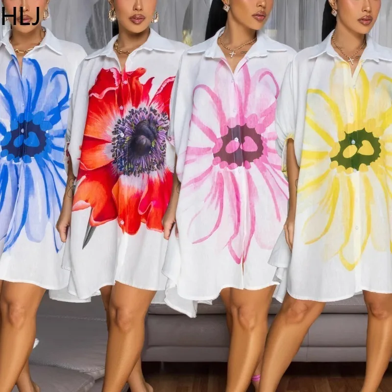 HLJ Elegant Floral Printting Loose Shirt Women 2025 Summer Short Sleeve Irregular Patchwork Shirt Style Dress Female Vestidos