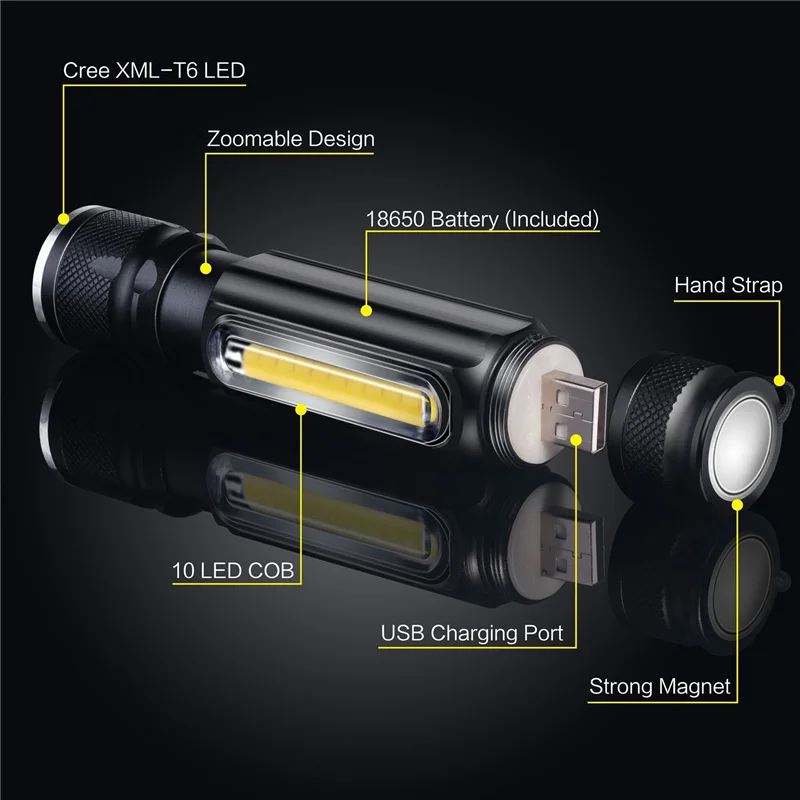 T6 Strong Light LED Usb Rechargeable Flashlight Magnetic Torch Lanter Zoomable Flashlight COB Zoom Highlight Outdoor Lighting