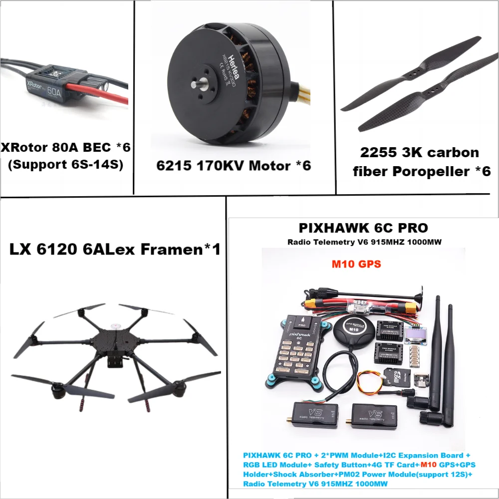 LX6120 Pixhawk 6C PRO M8N M9N M10 Vollcarbon 1200 mm Hexa-Rotor-Rahmen X-Roter 80 A ESC PX4 Flight Control Set 6215 Motor