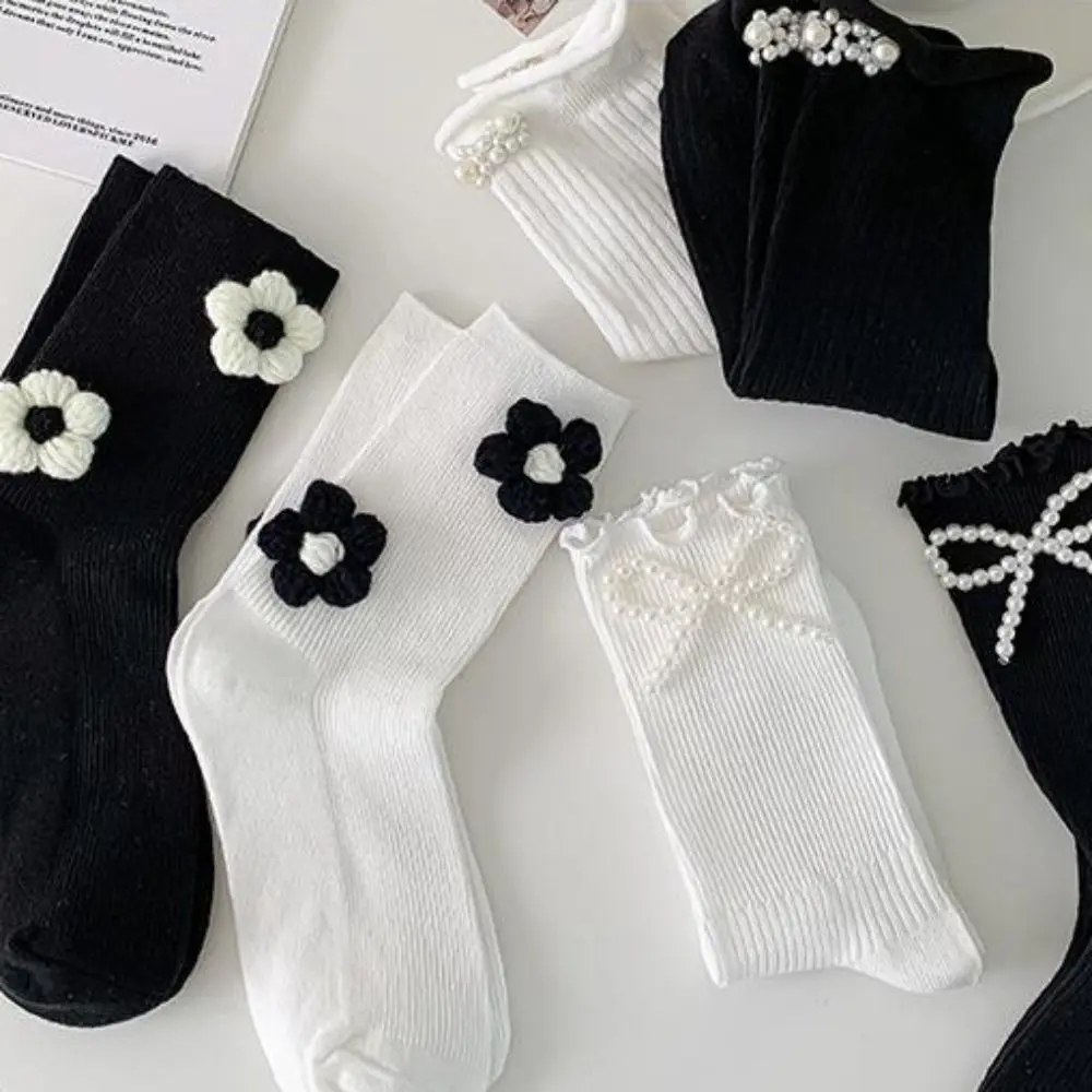 Korean Reto Pearl Sock Breathable Women Cotton Socks Ruffles Bow JK Lolita Socks Pearl Mid Tube Retro Preppy Style Socks Girls