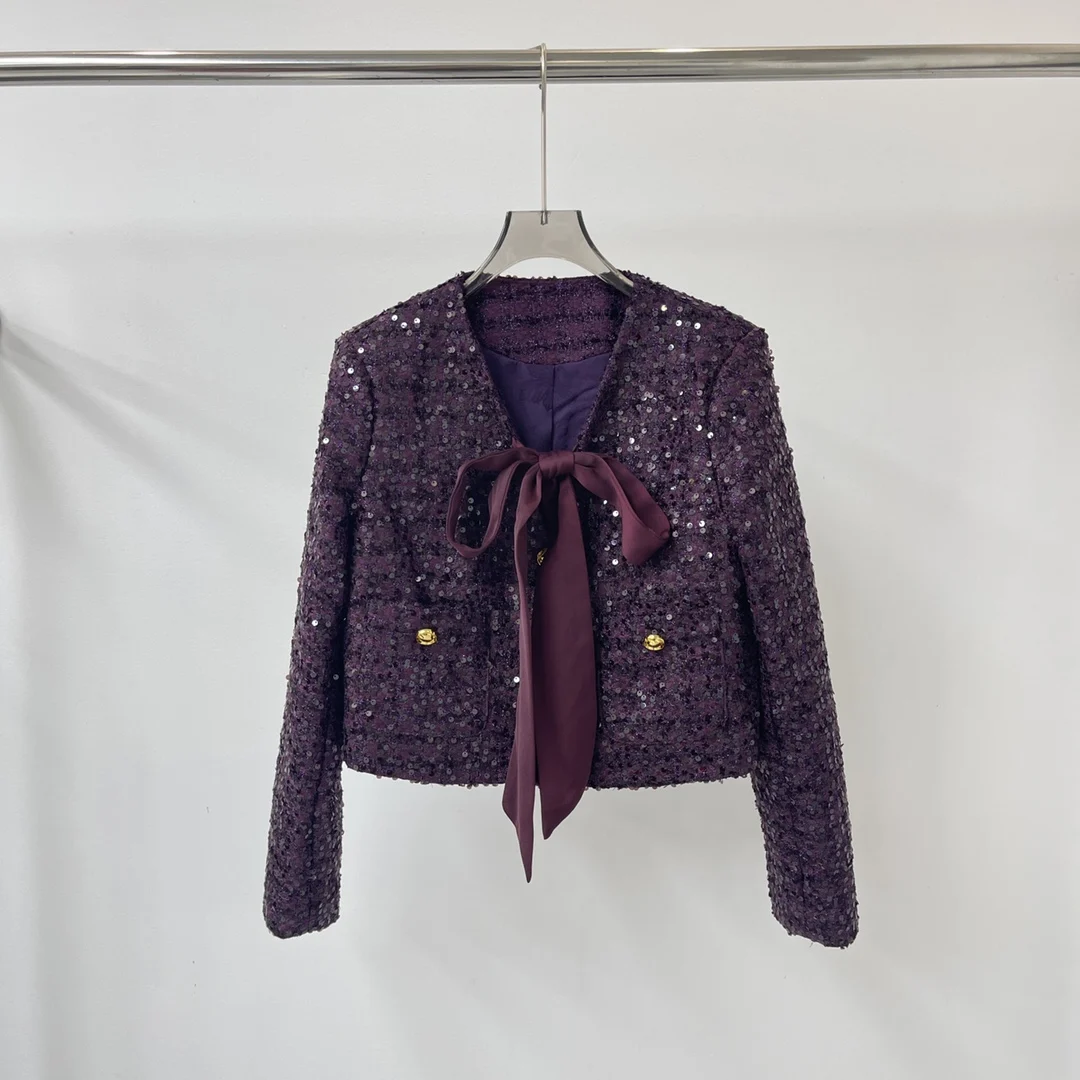 Veste à nœud à paillettes pour femme avec jupe imbibée, mode d'hiver, nouveau, 2024, 1001