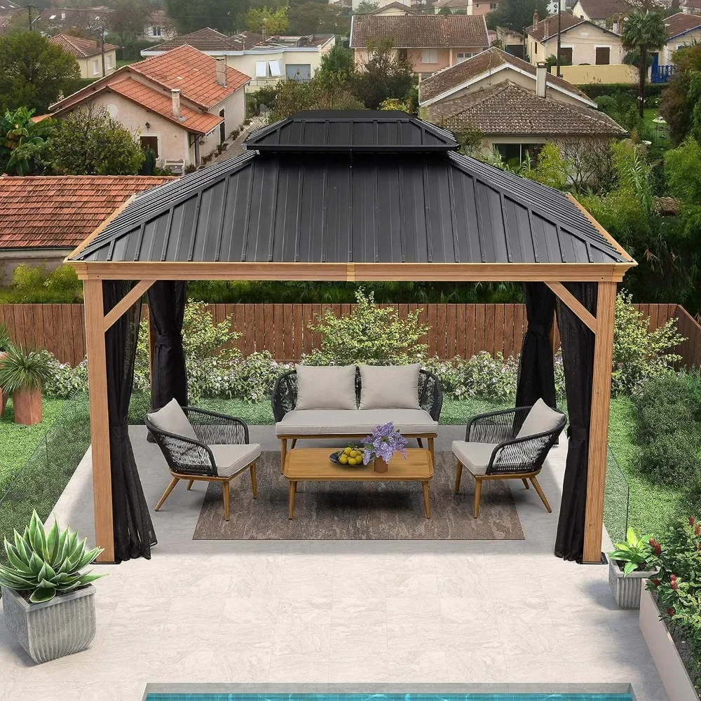 

10' X 12' Outdoor Hardtop Gazebo for Patio Galvanized Steel Double Roof Canopy Teak Finish Coated Aluminum Frame Pavilion Gazebo
