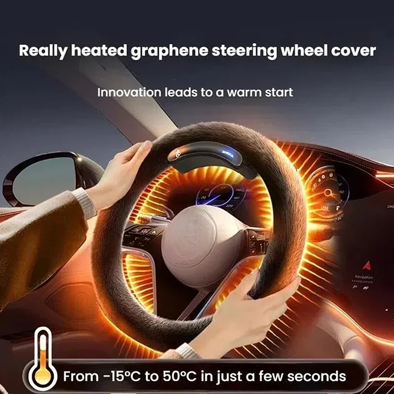 

New Graphene Wireless Heated Steering Wheel Cover Universal Winter Leather Suede Hand Sewn Plush for Car Decoration Accessorie