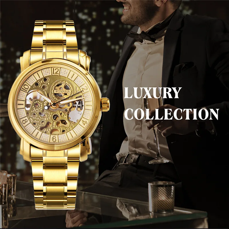 Fashion Winner Top Brand Full Luxury Golden Stainelss Steel Men's Personalized Hollowed Out Automatic Mechanical Wrist Watches