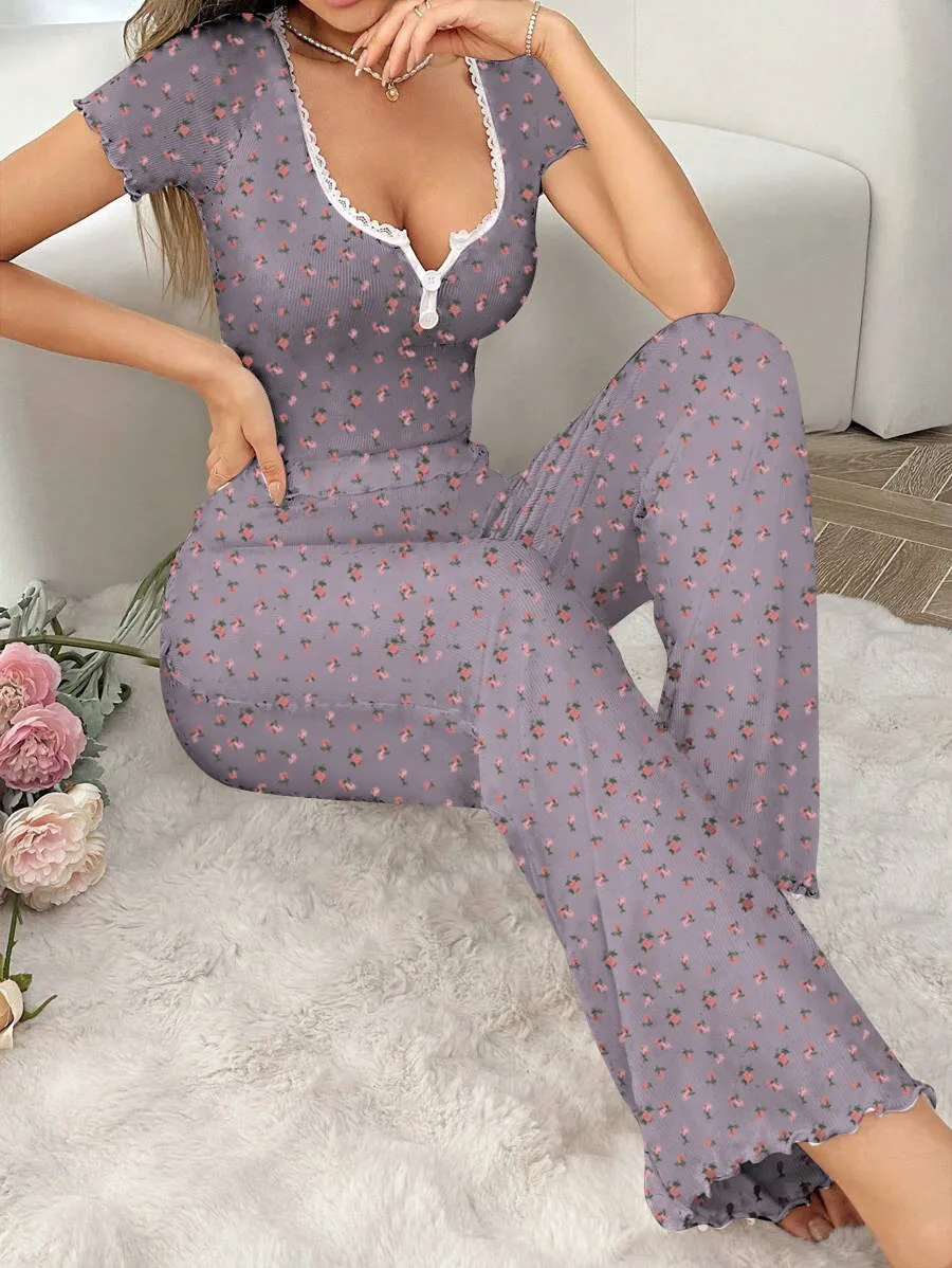 Short-sleeved V-neck Sexy Knit Pajama Set With Small Floral Prints, Lettuce Hem Long Pants, Women's Home Wear Set