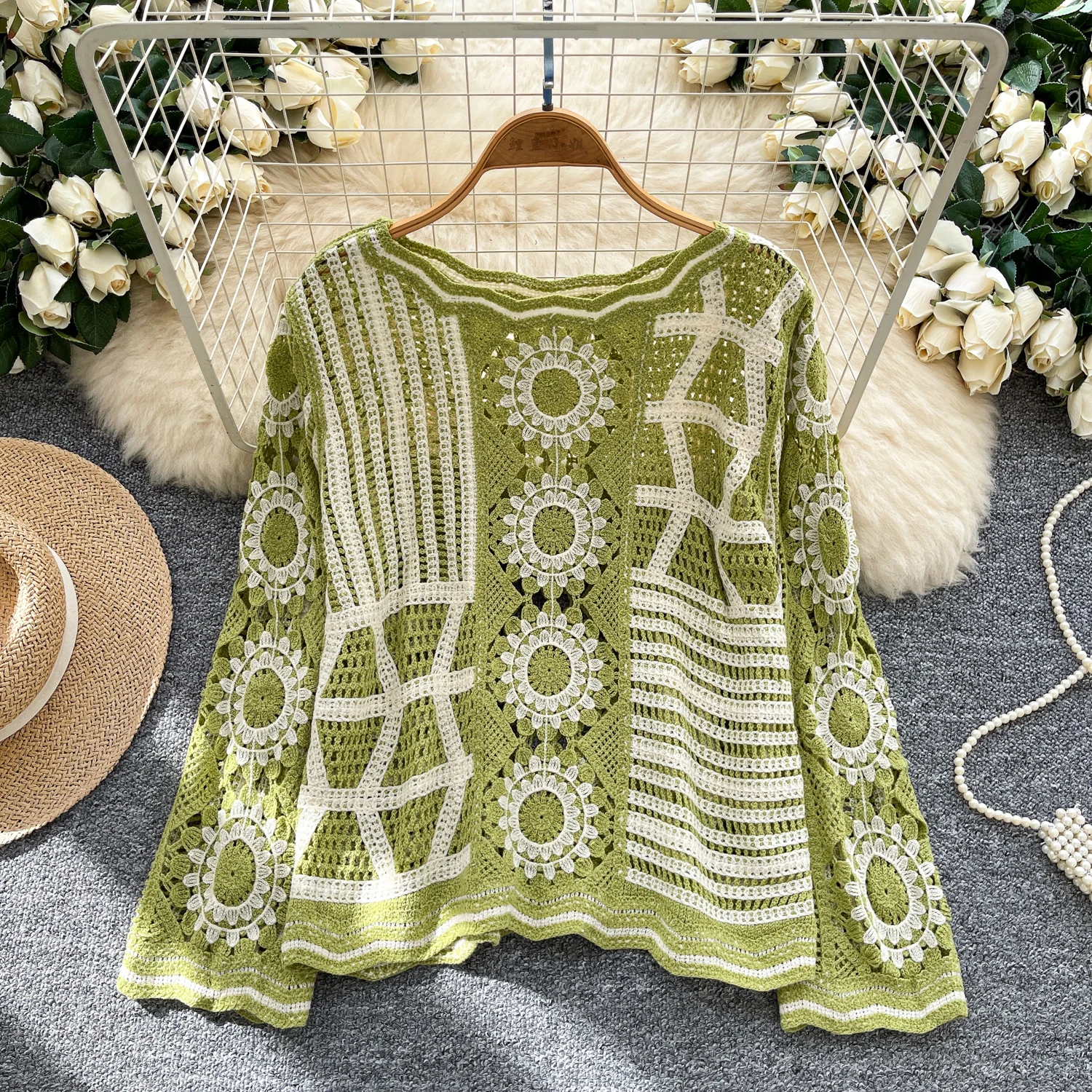 

Hollow Out Crochet Knitted Sweater Autumn Winter Personalized Gentle Style Slim-looking Pullover Casual Loose Blue Vintage Tops