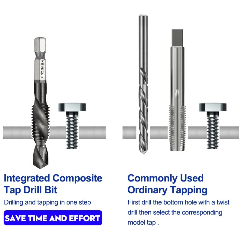 Metric Tap Drill Bit VAPO Coated HSS Screw Tap Machine Compound Thread Tap M3-M12 Tapping Tools 1/4 Hex Shank